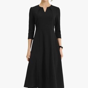 Allegra K Black Long Sleeve Midi Dress with Notch Neck